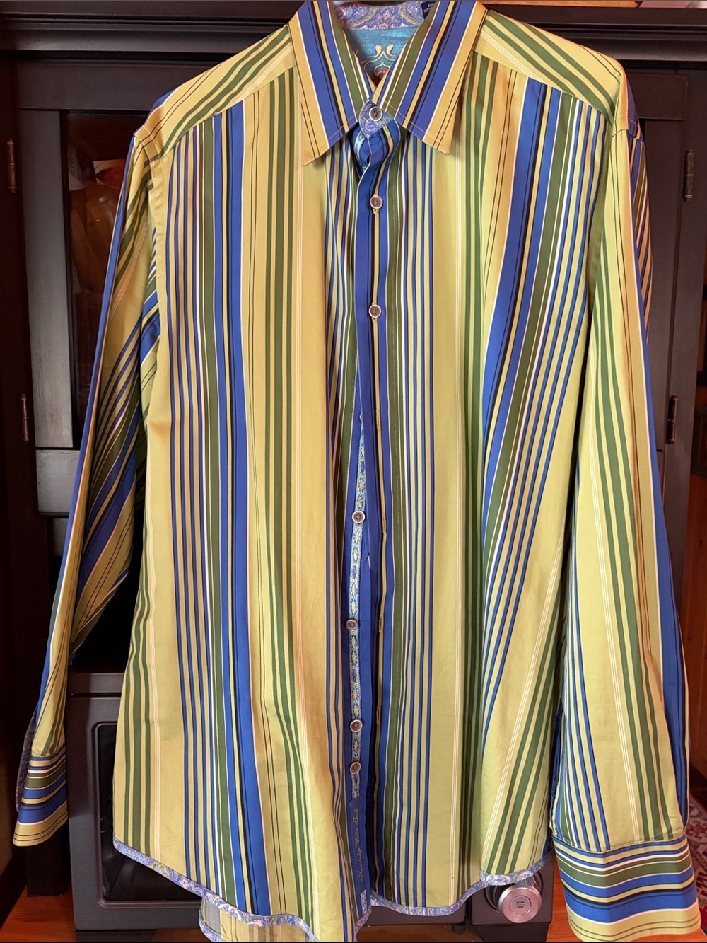 Designer Robert Graham classic Long-Sleeve Striped Button-Down,Yellow and Blue